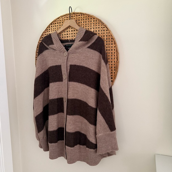 Marina Luna Women’s Wool Hooded Sweater Poncho Brown Beige Stripe Button XL - Picture 2 of 5
